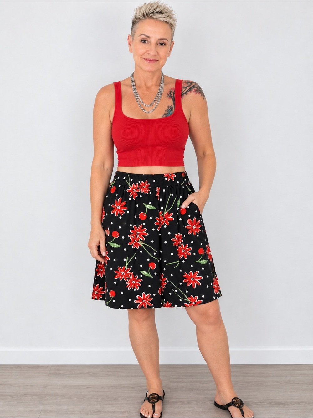 Vintage IB Diffusion Black Floral & Cherry Shorts NWOT